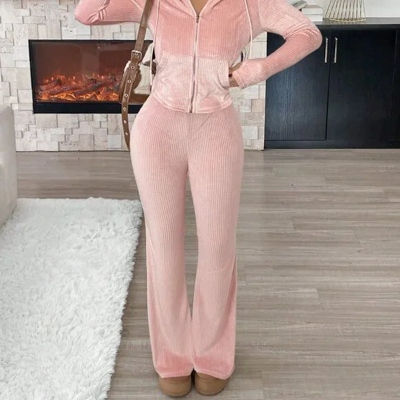 Pink Casual Women's Ribbed Thermal Lined 2-Piece Lounge Set